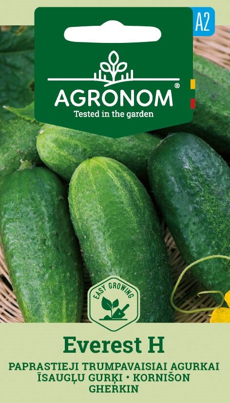 Gherkin Everest H gurkor på rotting, fröförpackning text visas på flera språk.