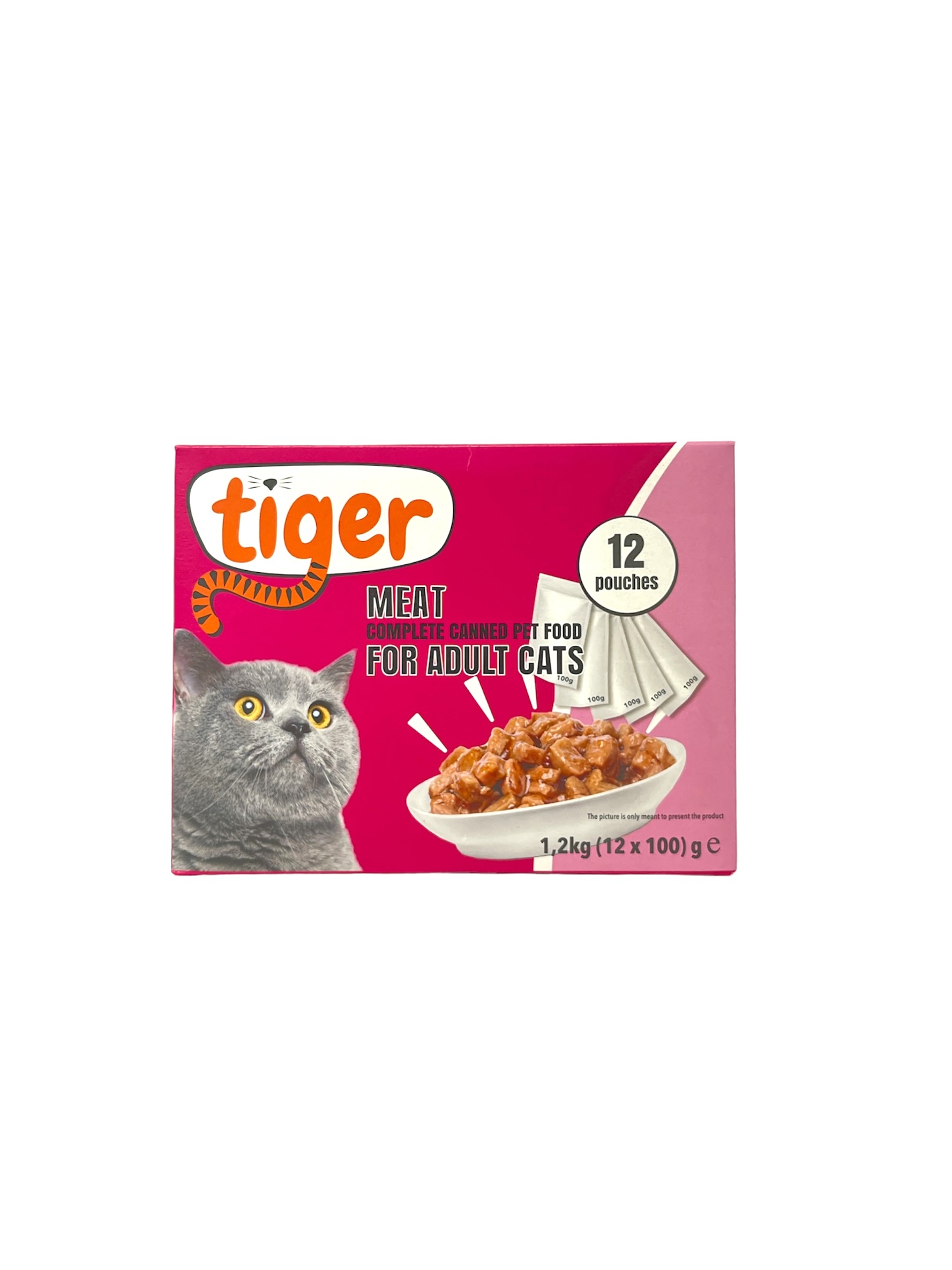 Tiger Kattmat Oxkött 12x100g för vuxna katter, med en grå katt och matskål på asken.