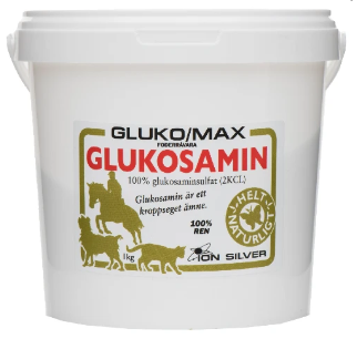 Vit tub märkt Glukosamin Gluko max 1000g med djursilhuetter och information om naturprodukter.
