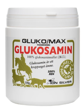 Vit Glukosamin Gluko max 500g behållare med bilder på häst, hund, katt och person.