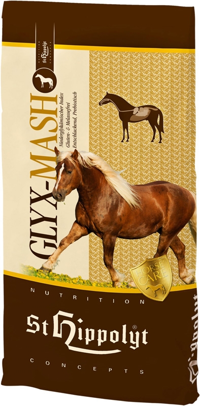 St Hippolyt Glyx Mash 15 kg hästfoderpåse med hästbild och guldfärgade accenter.