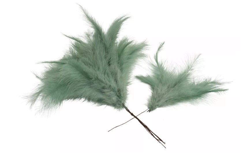 Tre Fjäder Trådad Vippa Grönblå plymer med grönblå nyanser på tunna bruna stjälkar.