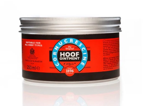 Cornucrescine hovsalva 250ml med röd och svart etikett i en burk.