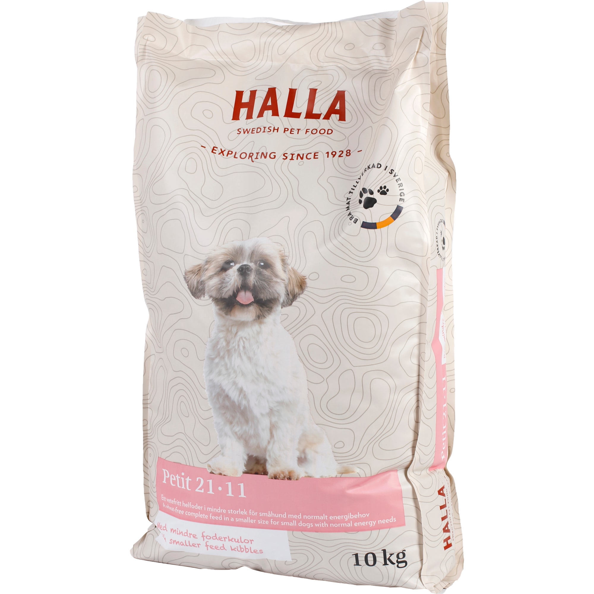 Halla petit 10kg hundmat med en liten vit hund på framsidan.