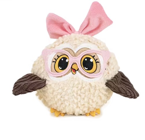 Ugglan Hanna är en plyschuggla med rosa glasögon, rosa rosett, bruna vingar och gula fötter.