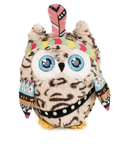 Uglan Hedda: Uggla i plysch med blå ögon, färgglatt pannband och mönstrade fjädrar.