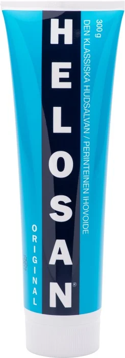 Blå tub med Helosan Original salva 300g med vit och svart text.