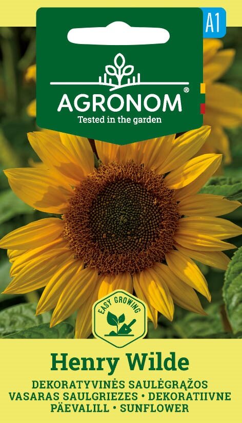 Förpackningar med Henry Wild Sunflower Dekorativa frön med en närbild av en blommande solros.