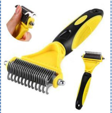 Dubbelsidig stor kam i rostfritt stål för husdjur i gult och svart, visas i närbild och helbild.