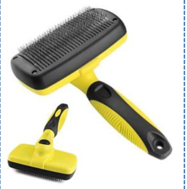 Premium Self Clean Hair Pet Brush i gult och svart med metallborst, visad från två vinklar.