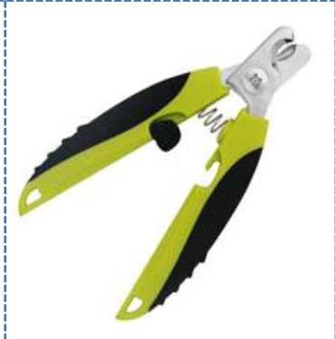 Kraftbesparande nagelklippare för husdjur i grönt och svart med fjäder och säkerhetsskydd på bladet.