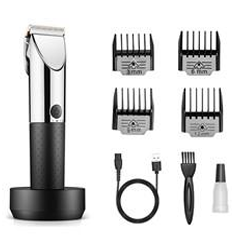 Pälstrimmer-set: fyra skydd, laddningskabel, borste och oljeflaska ingår.