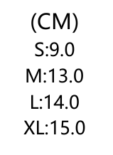 Storlekstabell i centimeter: S 9,0, M 13,0, L 14,0, XL 15,0.