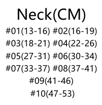 Storlekstabell för hals i centimeter med 10 storleksalternativ som var och en visar ett intervall av värden.
