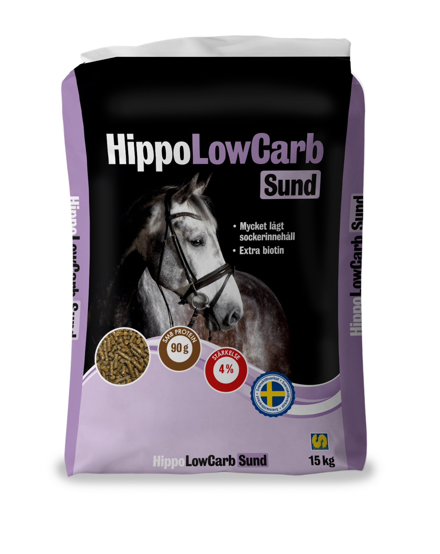 Hippo lowcarb sund 15 kg påse med en grå hästbild på framsidan.