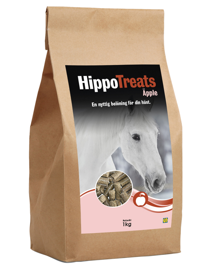 En brun HippoTreats Äpple-påse med en vit häst på etiketten.