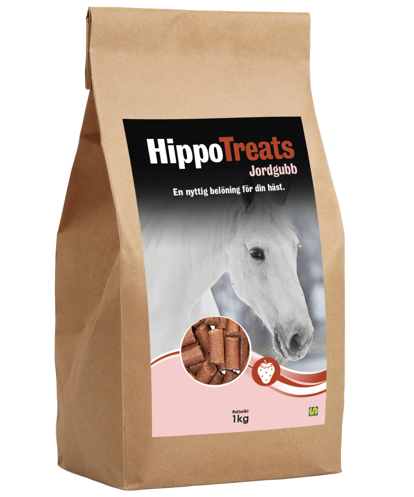 Brun papperspåse med HippoTreats Jordgubb hästgodis med en etikett med en vit häst och jordgubbar.
