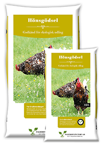 Två påsar hönsgödsel 40L med en kyckling på gräs på förpackningen.