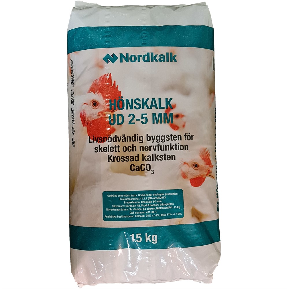 Hönskalk 2-5mm 15kg påse för fjäderfä, med bilder av kycklingar.
