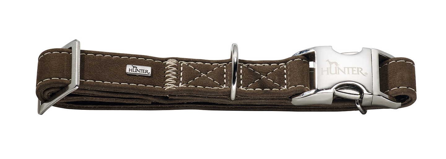 HUNTER Hunting Alu-Strong brunt hundhalsband med vita sömmar och silverspänne.