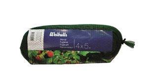 En rulle Bärnät grönt trädgårdsnät med blåvit etikett.