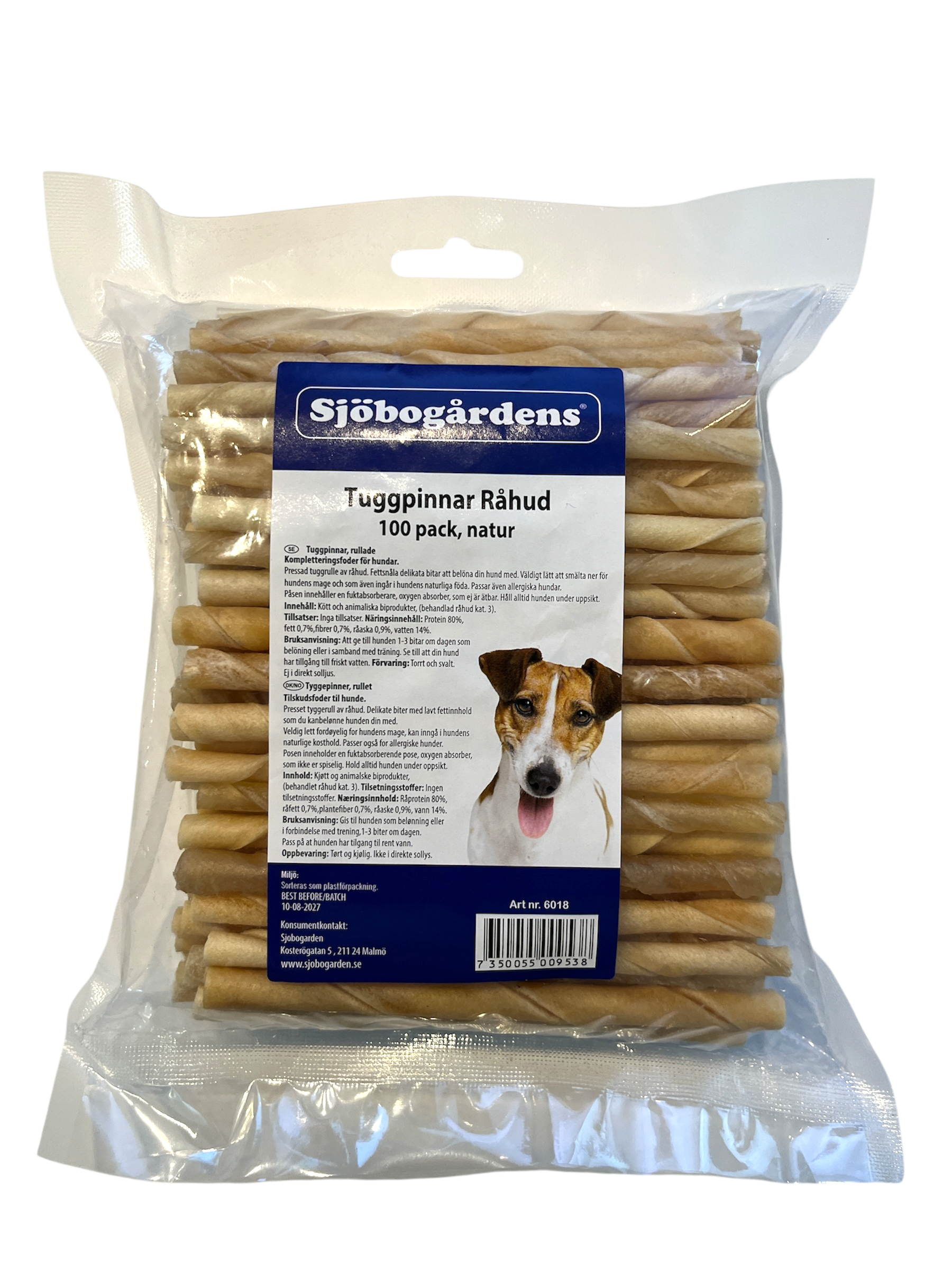 Sjöbobårdens Tuggpinnar råhud 100P tuggpinnar för hund med en hundbild på etiketten.