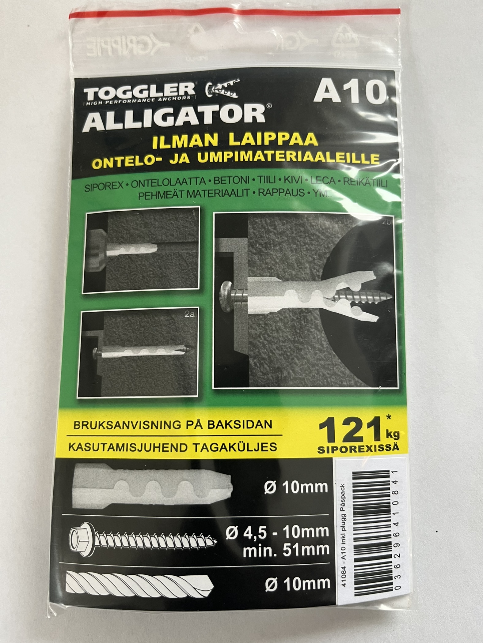 Toggler Alligator A10 väggankare förpackning med produktinformation och installationsschema.