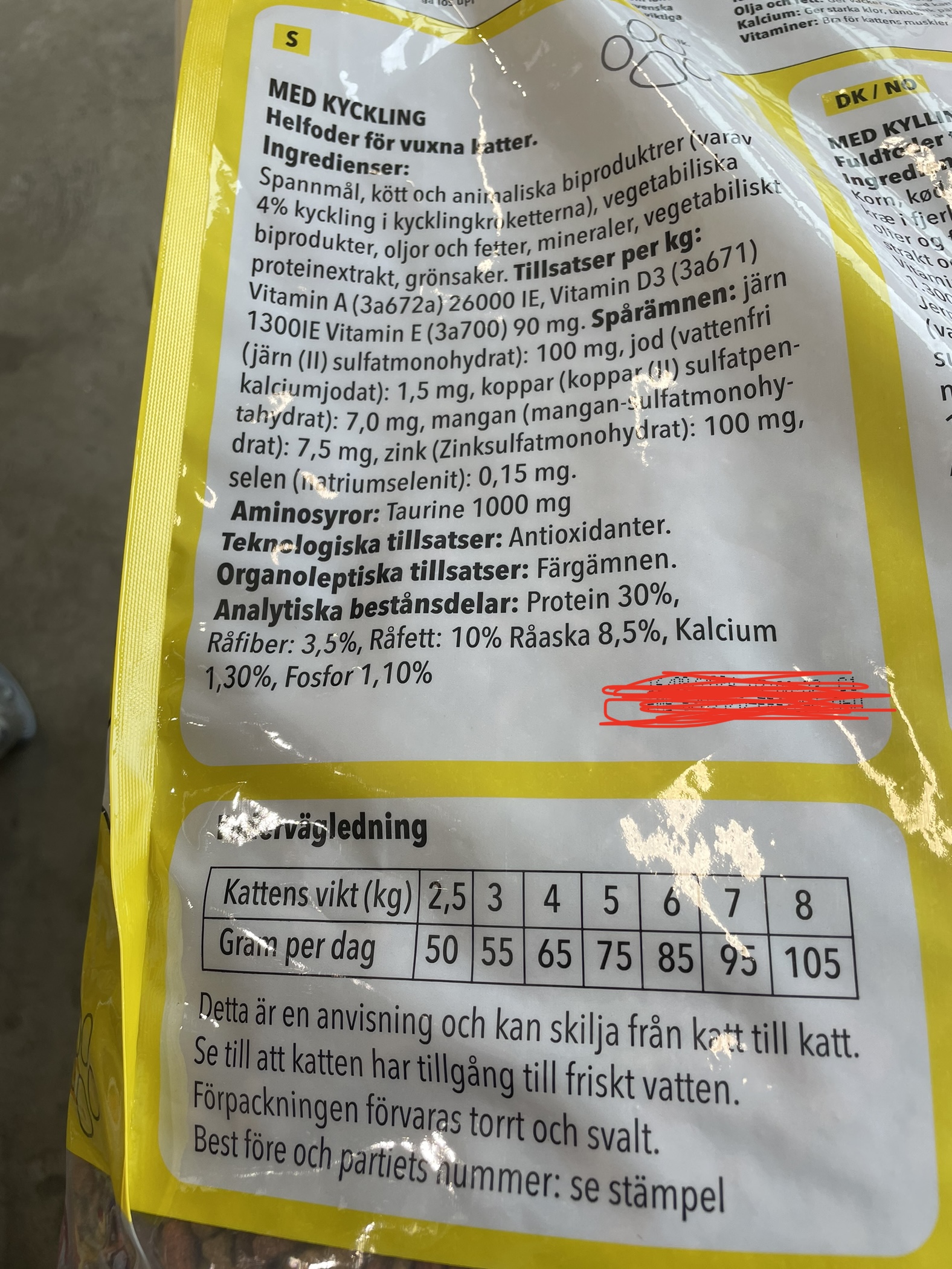 Närbild på förpackning med svensk kattmat som visar ingredienser, näringsinformation och utfodringsguide.