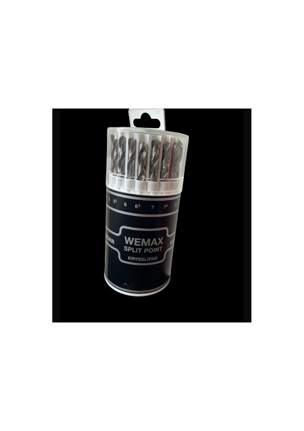 Container med 19st snabbstålsborr DP19XS märkt med storlekarna 5 till 7.