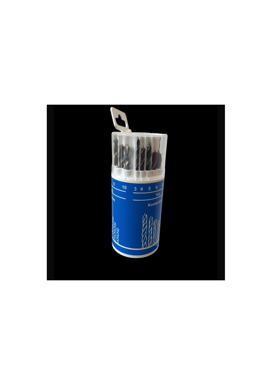 DP18 Kombi-lådan är en blå behållare med olika borrkronor och ett vitt topphandtag.