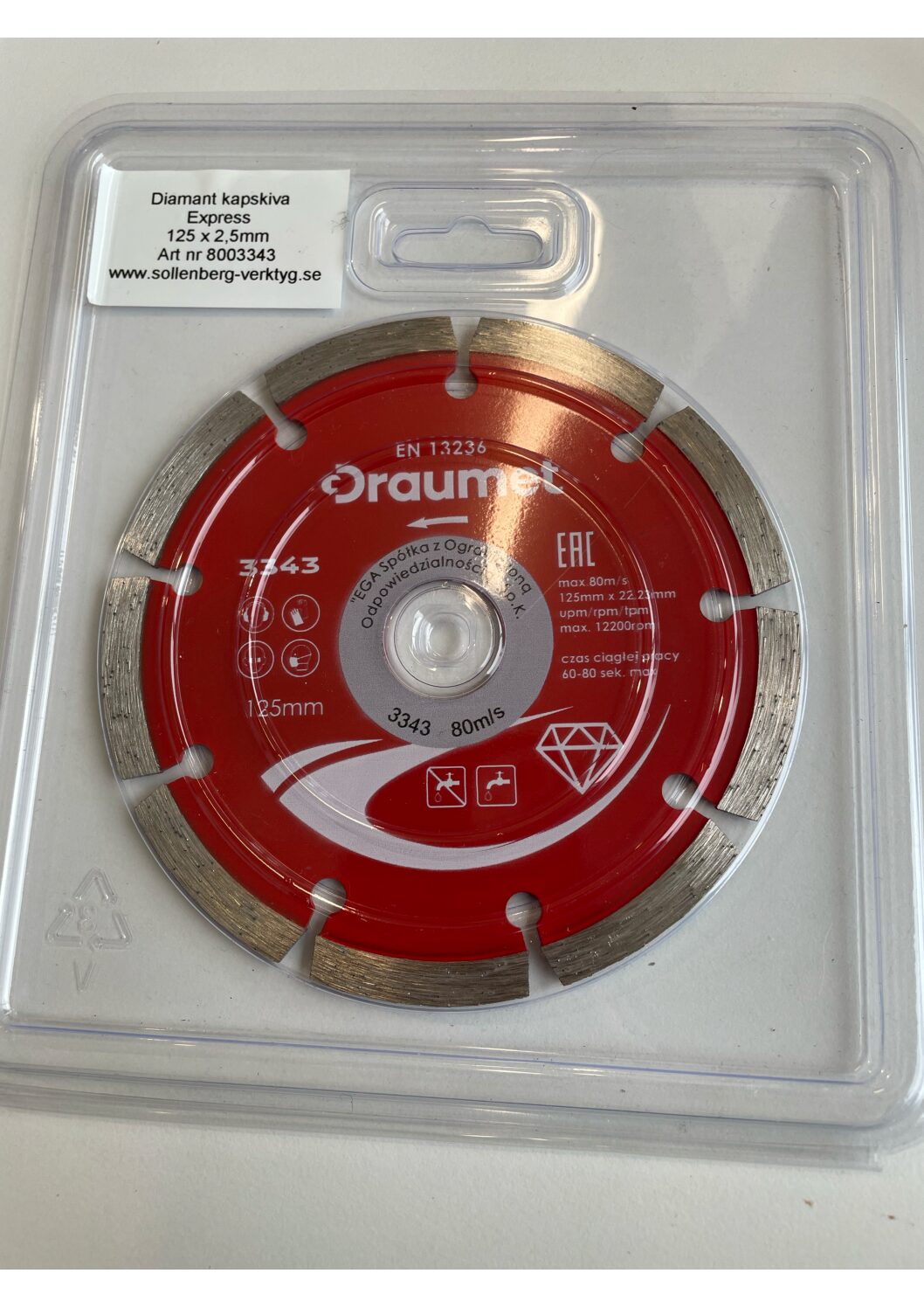 Diamant kapskiva express 125x2,5mm i plastförpackning med specifikationer och säkerhetsinformation på etikett.