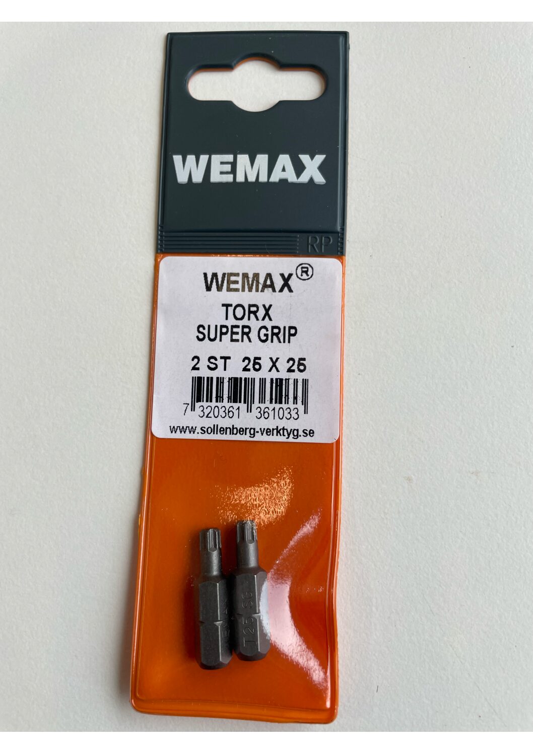 Två Wemax torx super grip 2st 25x25 bits i orange och grön förpackning.
