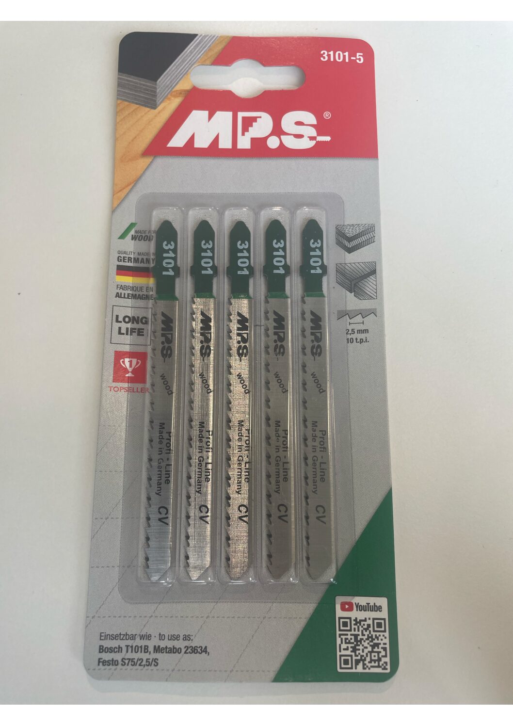 Förpackning med fem Sticksågsblad Trä 100mm i plastförpackning, märkta för träkapning.