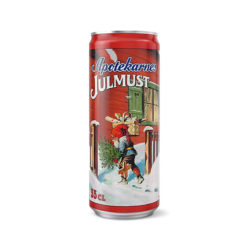 Röd Julmust läskburk med vintermotiv och ett barn som bär på presenter.