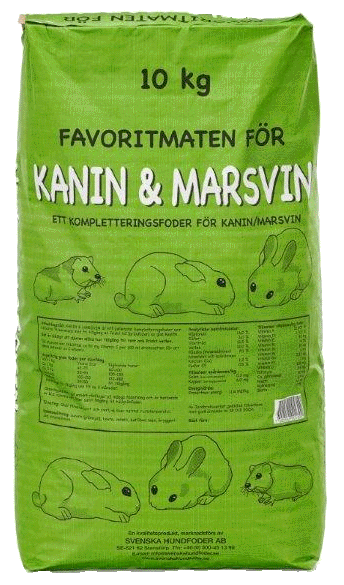Favoritmat för kanin & marsvin 10kg, grön påse med djurillustrationer.