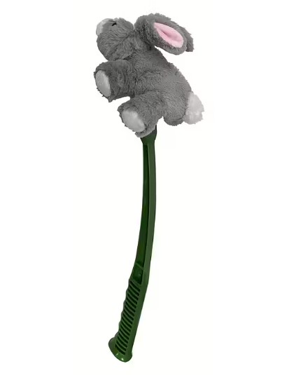 Grön plastpinne med en grå plyschkanin fäst i toppen.