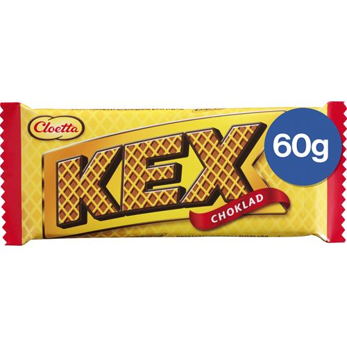 En gul 60g Kexchoklad med röda accenter och fet text.