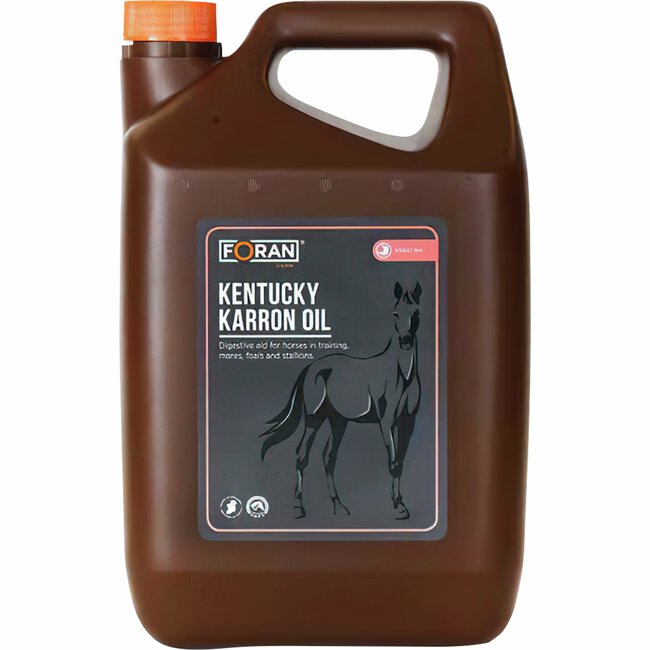 Brun flaska märkt Kentucky Karron Oil 4,54L med hästmotiv på framsidan.