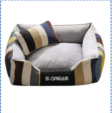 Strong Pet Bed med en randig kudde och texten S-DREAM på framsidan.
