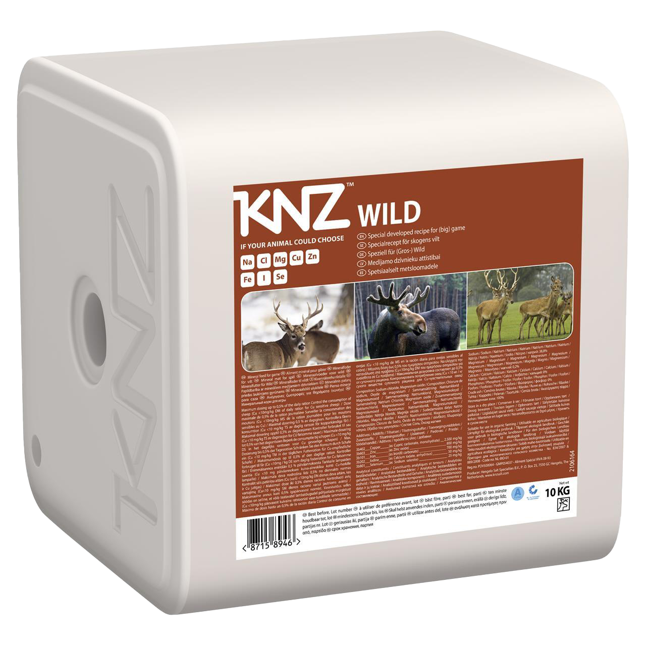 Saltsten KNZ Vilt 10 kg med bilder på rådjur, älg och hjort på den bruna etiketten.