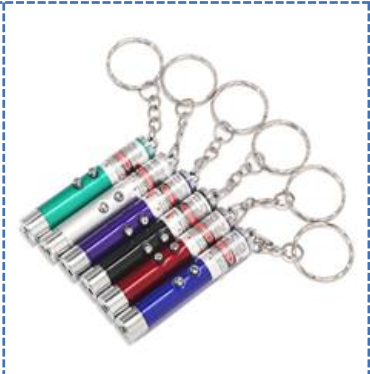 Fem nyckelringar med laserkattleksaker i solfjäderform mot en vit bakgrund.