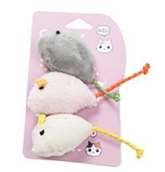 3Pack möss: Tre plyschmöss med snörsvansar på rosa kattillustrerad förpackning.