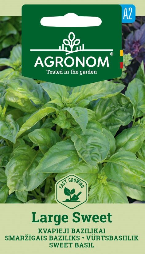 Förpackningar med Sweet Basil Large Sweet-frön med gröna blad och flerspråkig text på framsidan.