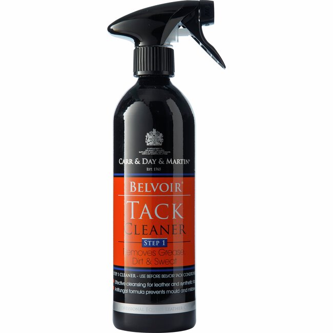 Belvoir Tack Cleaner Spray 500ml rengör läder och syntetiska tackor i en svart sprayflaska.