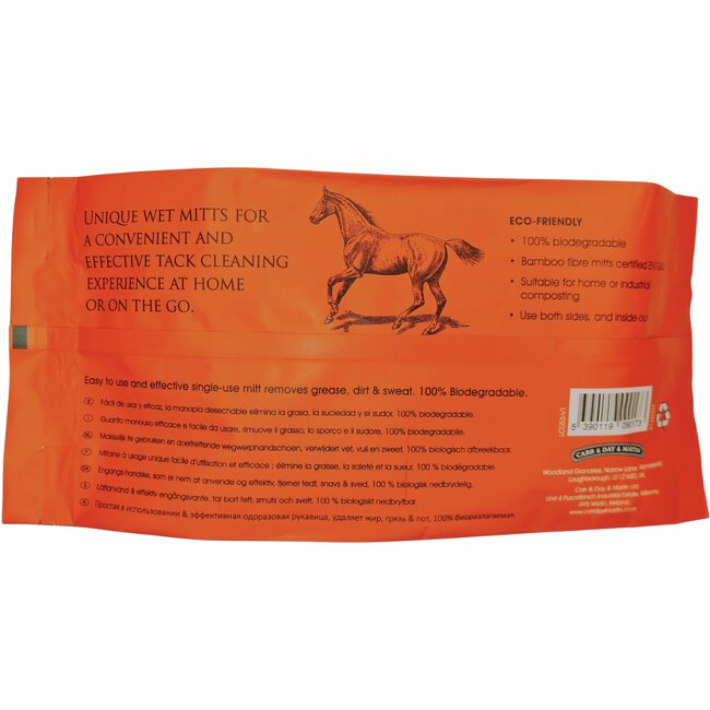 Orange förpackning med en hästillustration och text som beskriver miljövänliga rengöringsvantar för sadel.