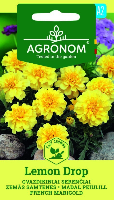 Förpackningar med ringblomma, Lemon Drop-frön med ljusgula blommor och gröna blad.