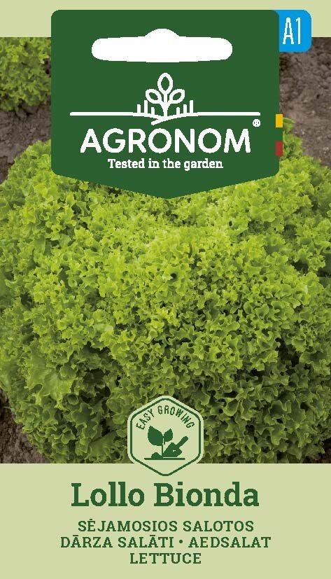 Förpackning med sallad, Lollo Bionda-frön med ett foto av lockig grön sallad på framsidan.
