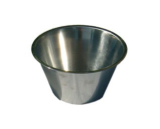 En liten, tom Rostfri Skål-skål i rostfritt stål mot en vit bakgrund.