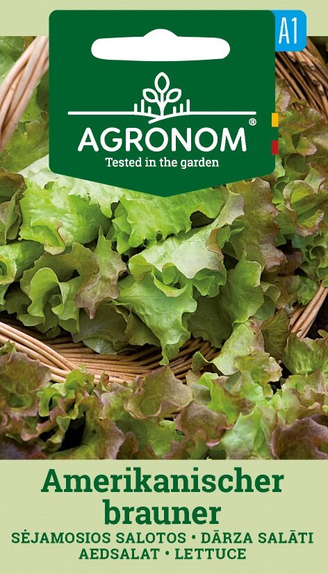 Amerikanischer Brauner salladsfröförpackning med grön och röd bladsallat på bilden.