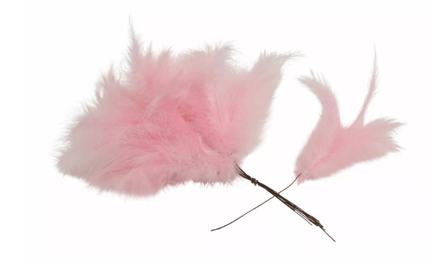 Fjäder Trådad Vippa Ljusrosa: mjuka, fluffiga ljusrosa fjädrar på tunna bruna stjälkar.